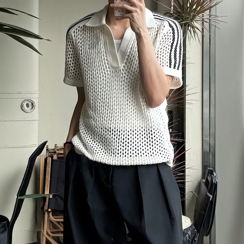 黑色网状镂空美式polo衫短袖男高级感痞帅cleanfit针织衫t恤男款 - 图2