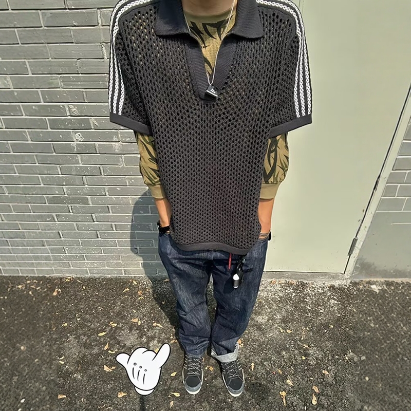 黑色网状镂空美式polo衫短袖男高级感痞帅cleanfit针织衫t恤男款 - 图1