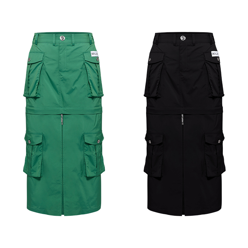 新品DevilBeauty黑色绿色两穿机能裙多口袋装饰修身显瘦直筒裙-图3