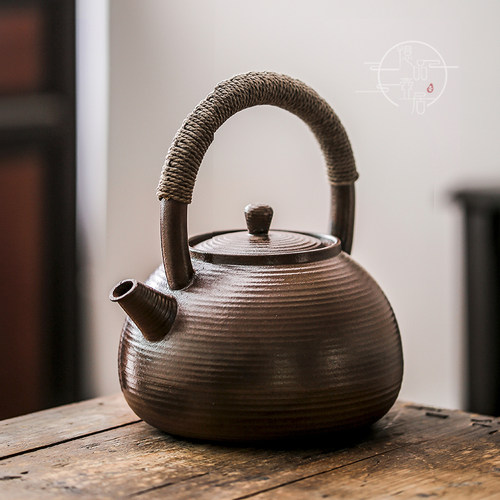 老岩泥柴烧纯手工提梁煮茶壶中式复古陶壶家用功夫茶具泡茶煮茶壶 - 图0