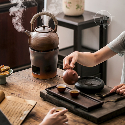 老岩泥柴烧纯手工提梁煮茶壶中式复古陶壶家用功夫茶具泡茶煮茶壶 - 图2