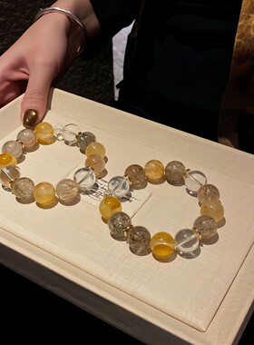 天然黄胶花水晶手串黑金超七招财手链白水晶能量放大器轻奢高级感