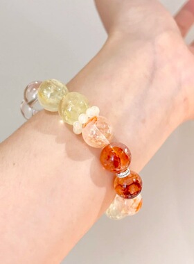 天然水晶红胶花手串白水晶手链女送闺蜜饰品圣诞礼物招财猫