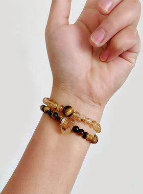 【日照金山】天然虎眼石黄塔晶水晶手串女双圈招米手链新中式手串