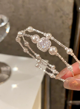 轻奢百搭双层叠戴珍珠手链女小众设计高级感锆石手环手饰品批发