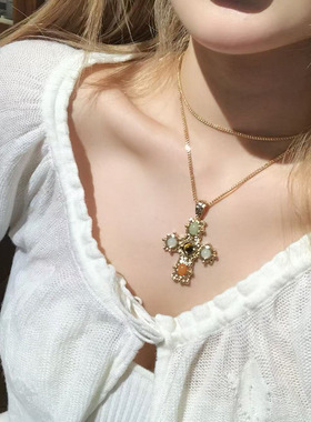 中古vintage树脂圆形十字架吊坠项链时尚锁骨链轻奢高级感项饰女