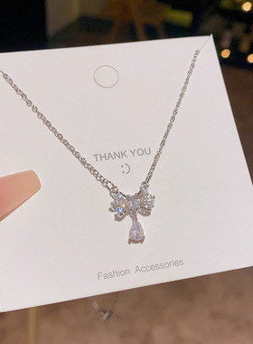 韩系设计师款锆石蝴蝶结吊坠项链女轻奢小众高级感钛钢锁骨链颈链