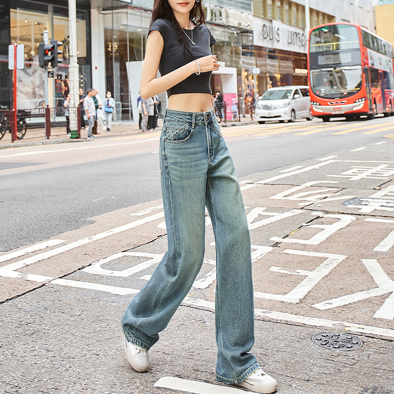 LEEDI高腰港风复古绿阔腿牛仔裤女直筒垂感显瘦春季高级感长裤子-图2