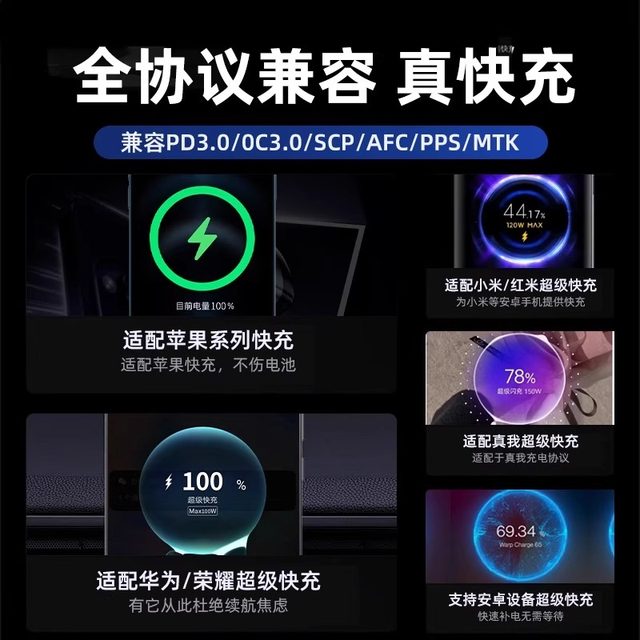 120W car charger super fast charging suitable for Huawei and Apple one-to-two cars special conversion plug car charger