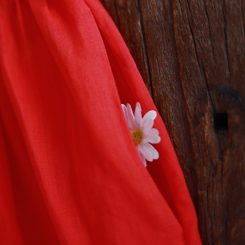 忆旧苎麻红色连衣裙女秋季2023新款圆领不对称拼接长裙长袖宽松裙