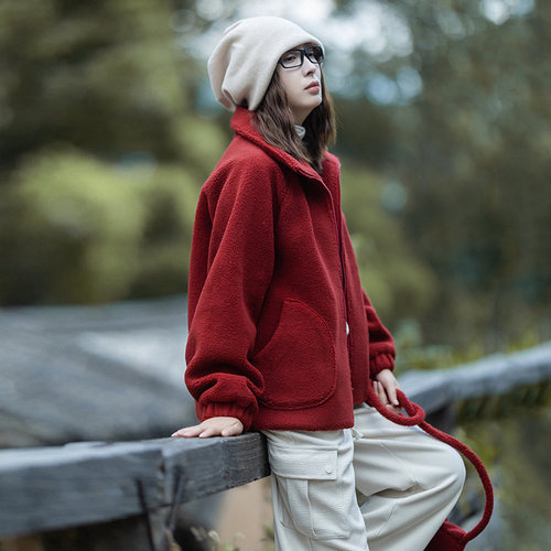 【绿意漫游】仿羊羔毛外套女立领短款2025年冬季新款宽松保暖上衣 - 图1