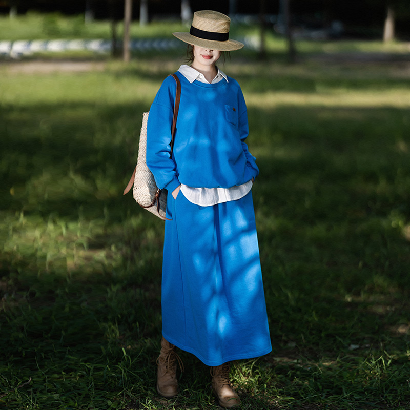 【微风午后】文艺蓝色圆领宽松针织卫衣半身裙两件套女2023年秋季