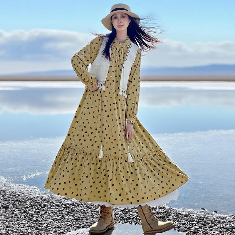 【雏菊漫旅】复古灯芯绒连衣裙宽松印花A字裙女秋季立领荷叶边裙 - 图1