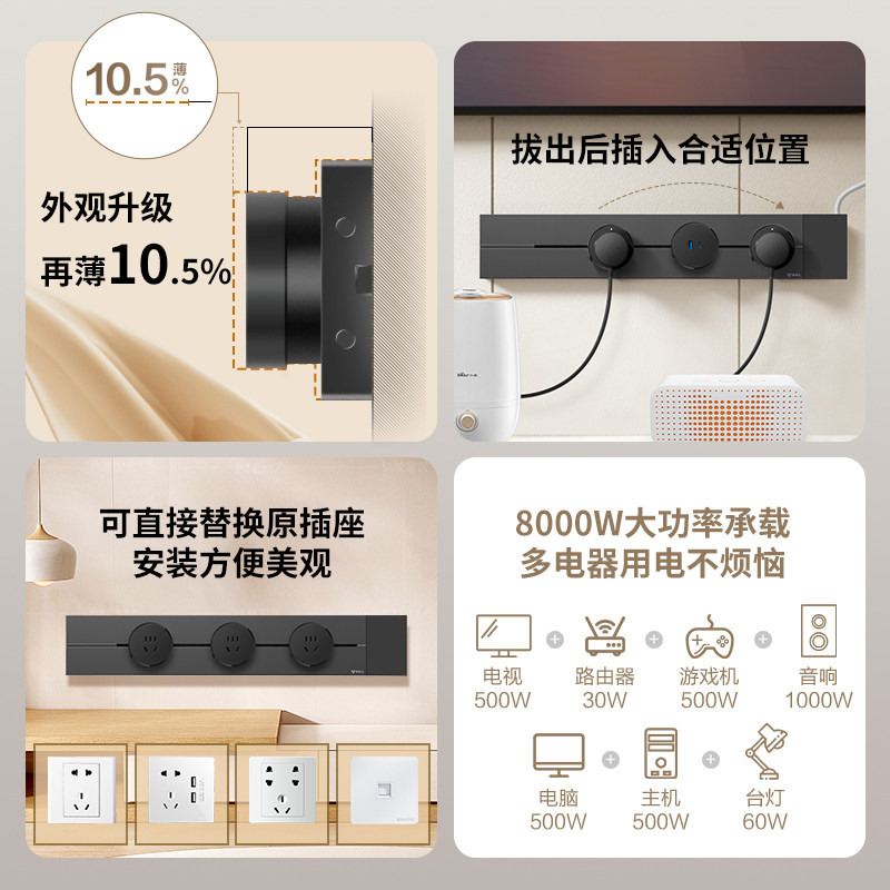 公牛电视柜专用轨道插座带网线插口信息移动插排磁吸电力导轨明装