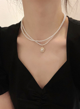 双层小米珠施家珍珠项链女夏季时尚气质高级感小众吊坠锁骨颈链