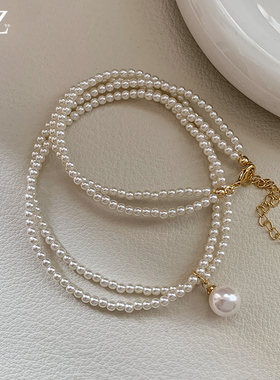 缠绕双层叠戴法式复古珍珠吊坠