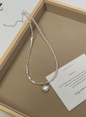 碎银子爱心珍珠吊坠拼接项链女