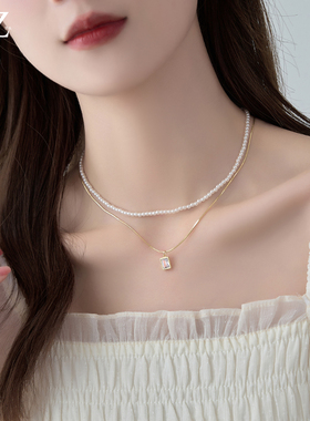 双层叠戴小米珠珍珠项链女锁骨链