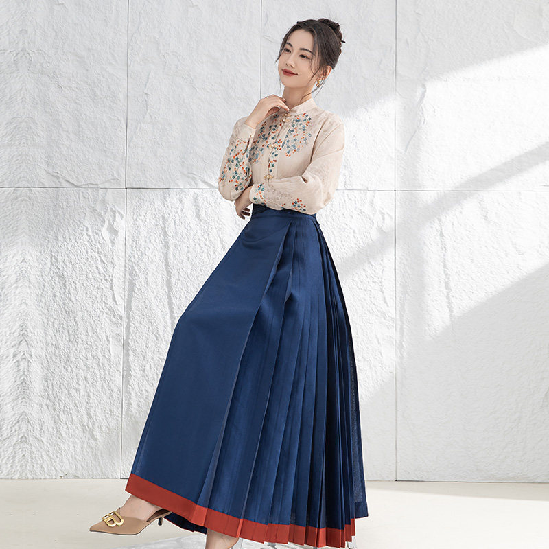 叶央国风汉服元素新中式包边纯色中长马面裙印花天丝对襟立领衬衫 - 图2