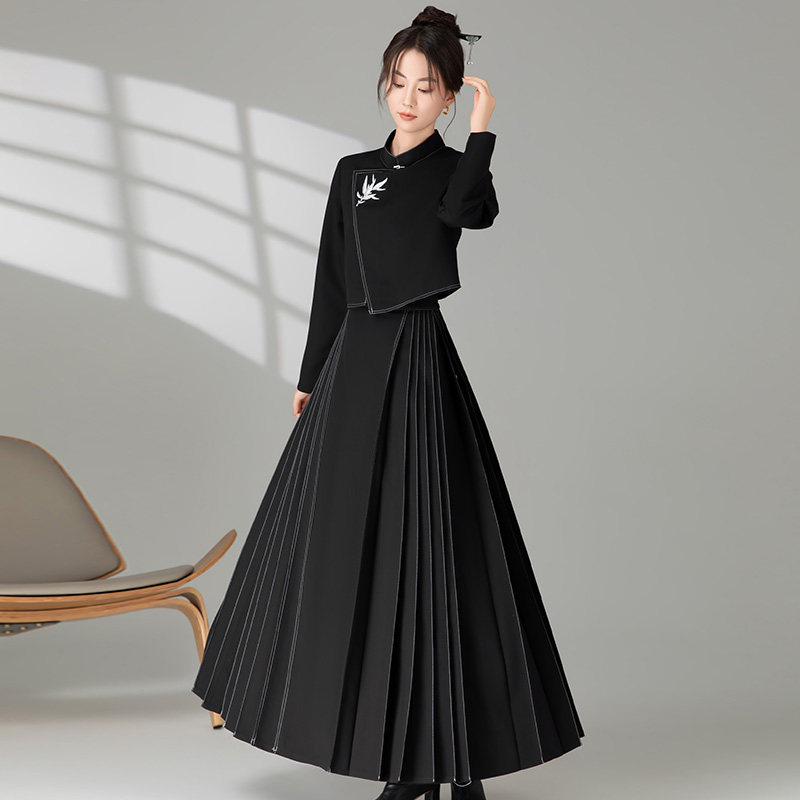 叶央黑色汉服元素国风新中式拉链马面裙套装春季纯色刺绣立领外套,淘宝优惠券,粉丝福利购,淘宝优惠卷