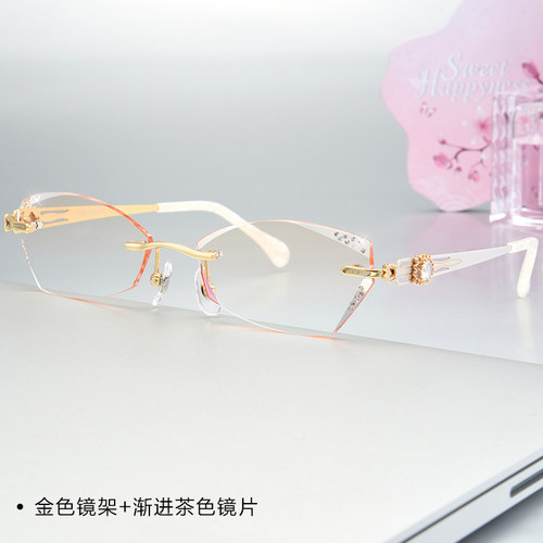 超轻纯钛无框近视眼镜女成品镶钻石切边眼镜变色眼镜架平光防辐射 - 图1
