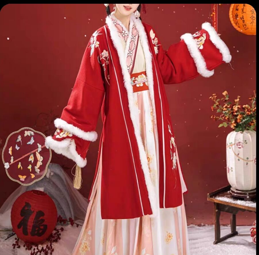 宋制秋冬季汉服中国风新年拜年服套装成人女古装对襟长衫外套加绒