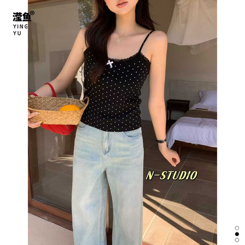 N W3965大码甜辣风波点吊带背心女夏季蝴蝶结蕾丝边内搭外穿上衣 - 图2