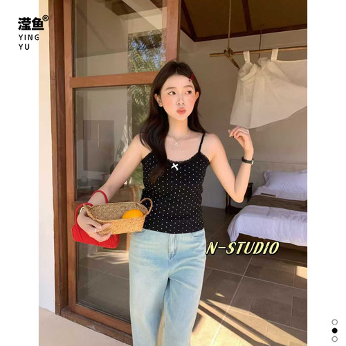 N W3965大码甜辣风波点吊带背心女夏季蝴蝶结蕾丝边内搭外穿上衣 - 图1
