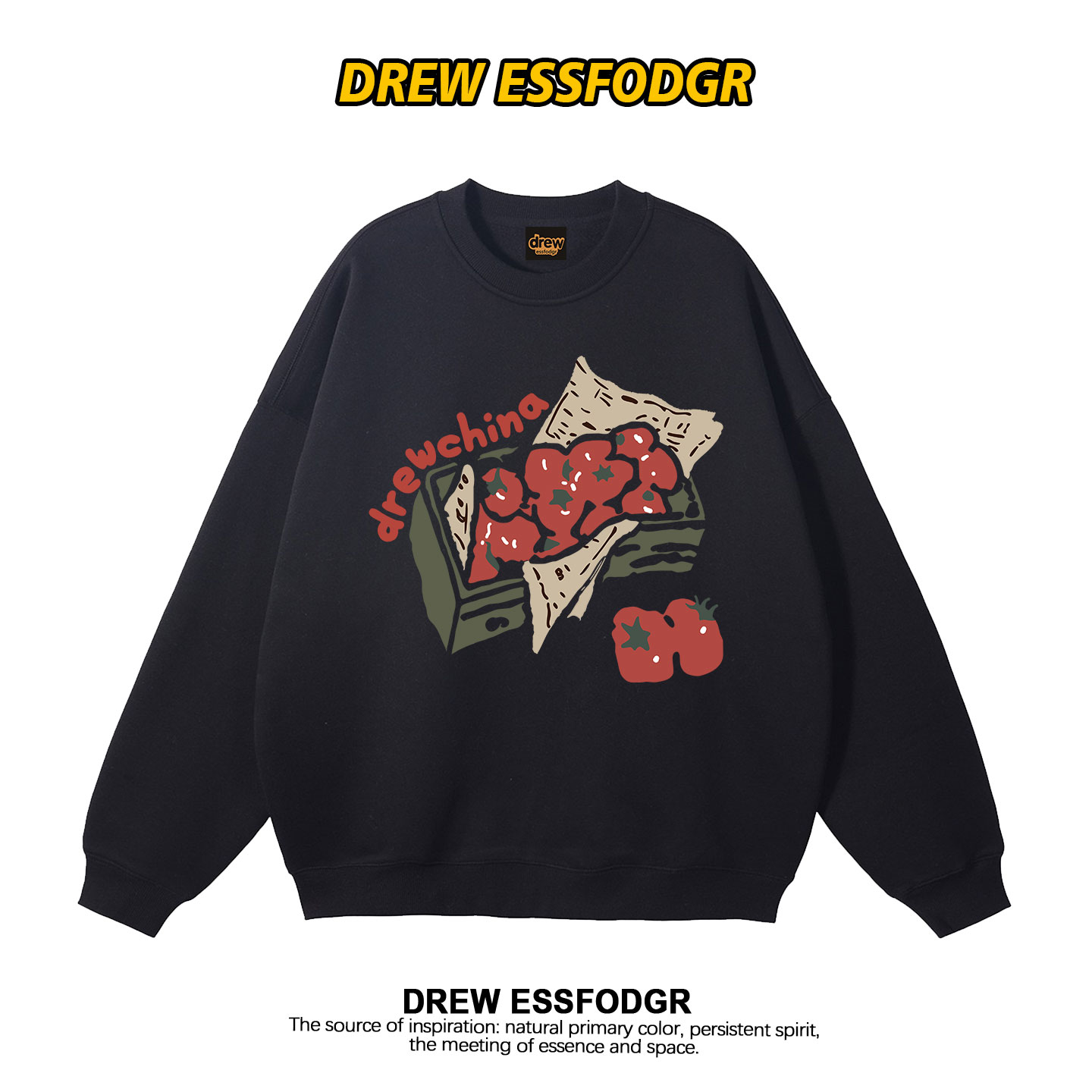 drew美式复古潮牌涂鸦番茄印花圆领卫衣男女情侣宽松秋冬加绒外套