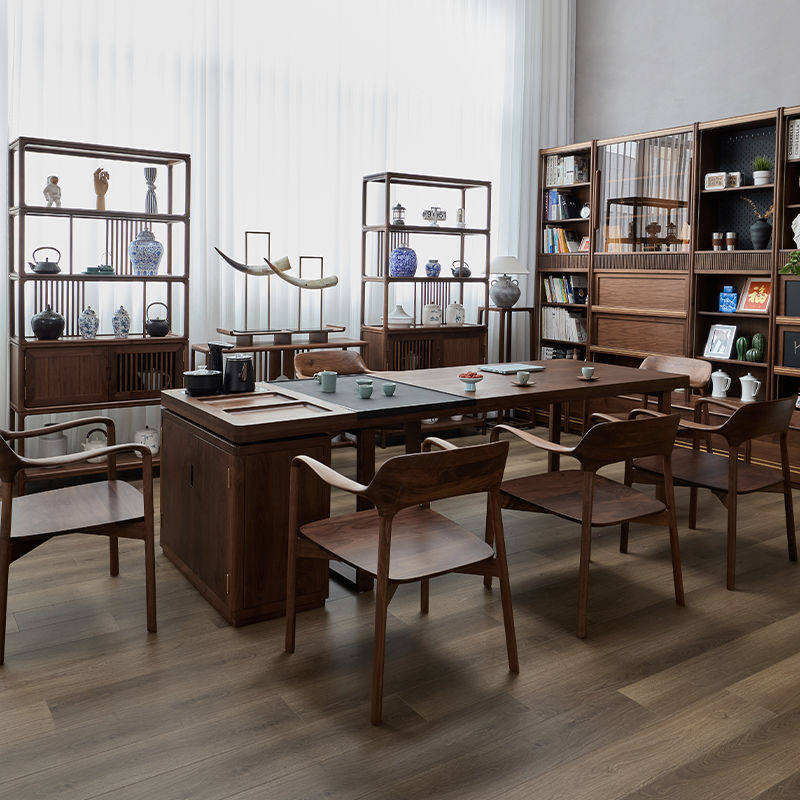 北美黑胡桃木实木茶桌多功能长方形大板桌办公室茶台泡茶桌椅组合,淘宝优惠券,粉丝福利购,淘宝优惠卷