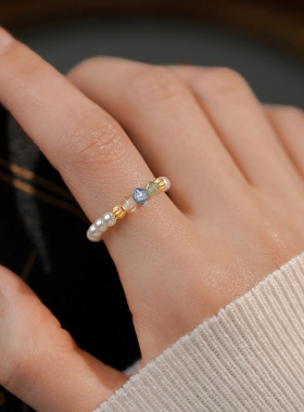 S925纯银彩色琉璃施家珍珠戒指小众高级感小清晰百搭设计ins指环