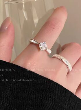 vintager中古金色拉丝方糖锆石戒指女轻奢高级感小众设计开口指环