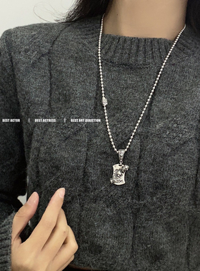 S925纯银个性复古玫瑰花皇冠扑克牌吊坠女小众设计时尚潮流欧美风