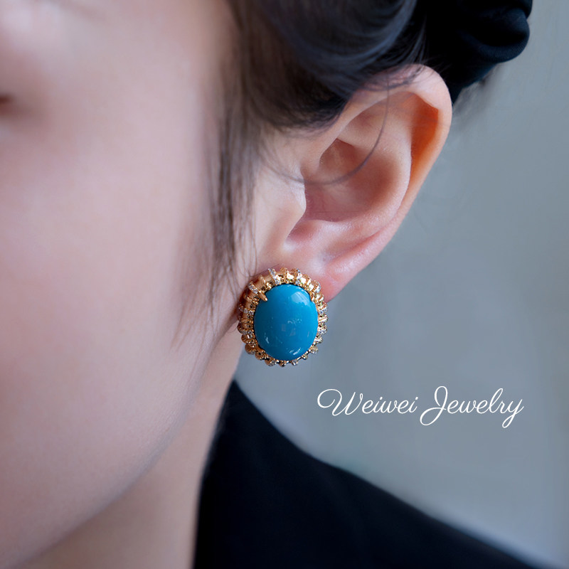 小众轻奢复古s925银镀Ｋ金古董珠宝镶钻绿松石大耳钉吊坠套装,淘宝优惠券,粉丝福利购,淘宝优惠卷