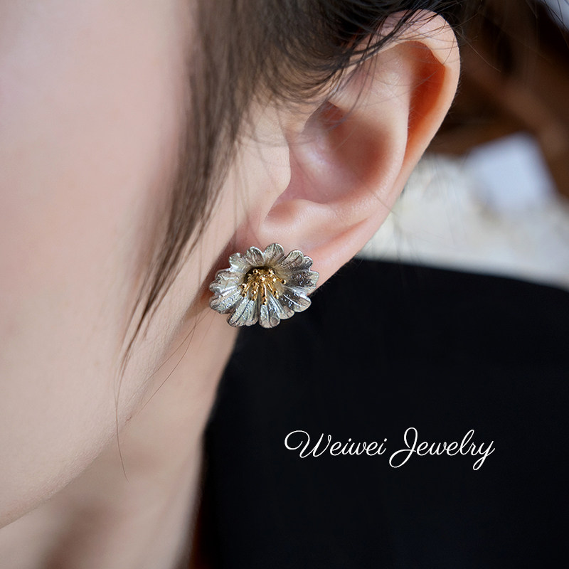 意大利进口|小众轻奢S925纯银镀金女复古拉丝花纹理雏菊花耳钉,淘宝优惠券,粉丝福利购,淘宝优惠卷