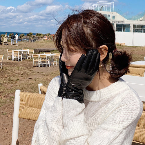 文艺范性冷淡风秋冬季女款真皮手套基本款触屏黑色羊皮手套女 - 图1