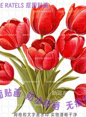 红色郁金香防水墙贴冰箱柜门贴纸