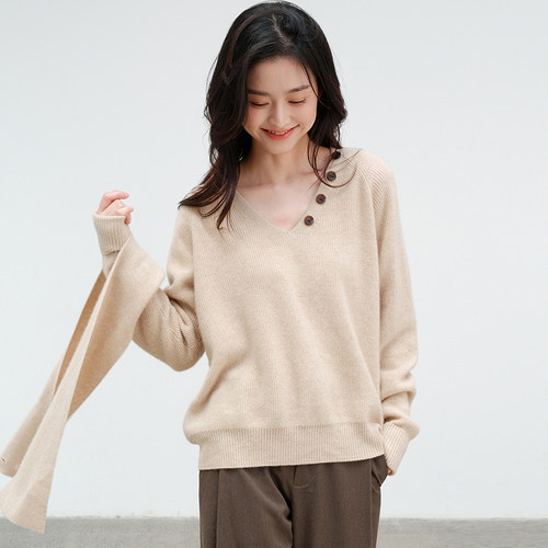 思诺芙德V领带围巾两件套100%山羊绒衫女2025秋冬新款针织毛衣 - 图0