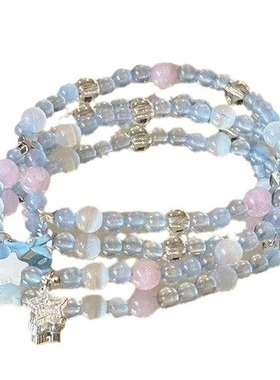 海蓝宝色蝴蝶结串珠手链