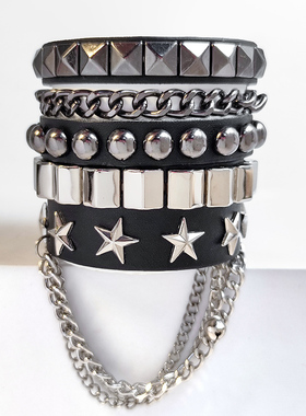 欧美潮男配饰柳钉手链腕套个性霸气皮手环女星星流苏手镯情侣一对