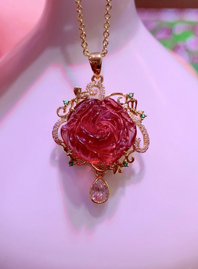 天然鸽血红碧玺牡丹花吊坠18k金镶嵌碧玺牡丹钻石女生日礼物