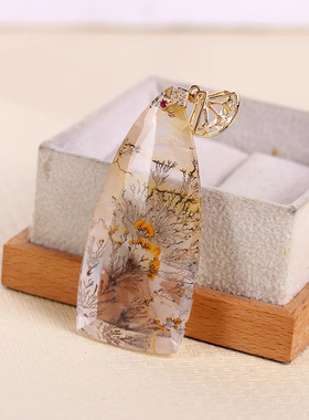 天然水晶鸿运当头吊坠发财树水晶原石矿标烟雾石18k金镶嵌