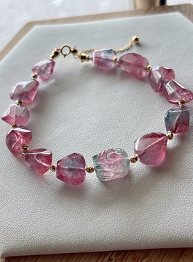 紫粉西瓜碧玺原石手链18k金镶嵌碧玺方糖多宝貔貅手链女生日礼物