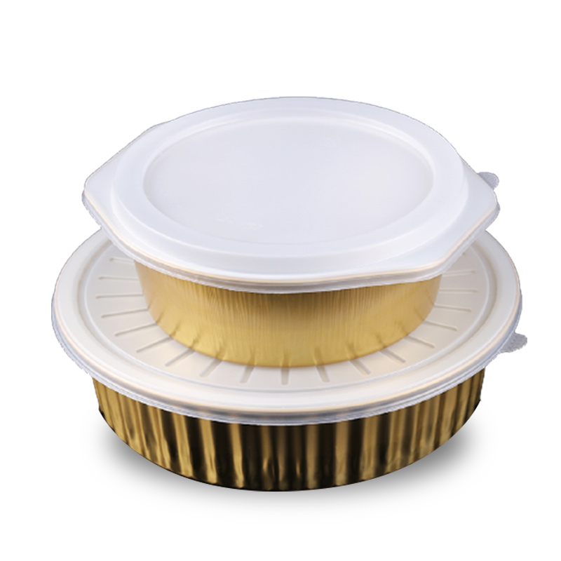 金色锡纸盒圆形一次性航空铝箔餐盒烧烤外卖打包盒机压盖全密封