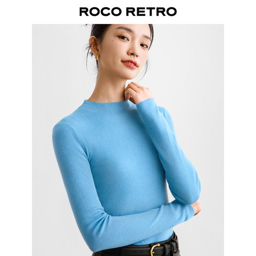 ROCO春秋新款16针60支超细美丽诺羊毛半高领针织衫百搭弹力打底衫 - 图0