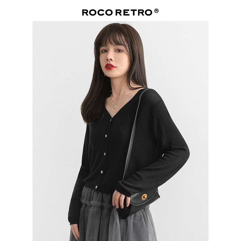 ROCO复古黑色天丝针织开衫女百搭空调衫V领设计感小众防晒外套 - 图2