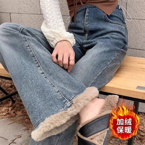 高品质孕妇牛仔裤2025冬季新品加绒毛边无托腹产后可穿显瘦喇叭裤 - 图1