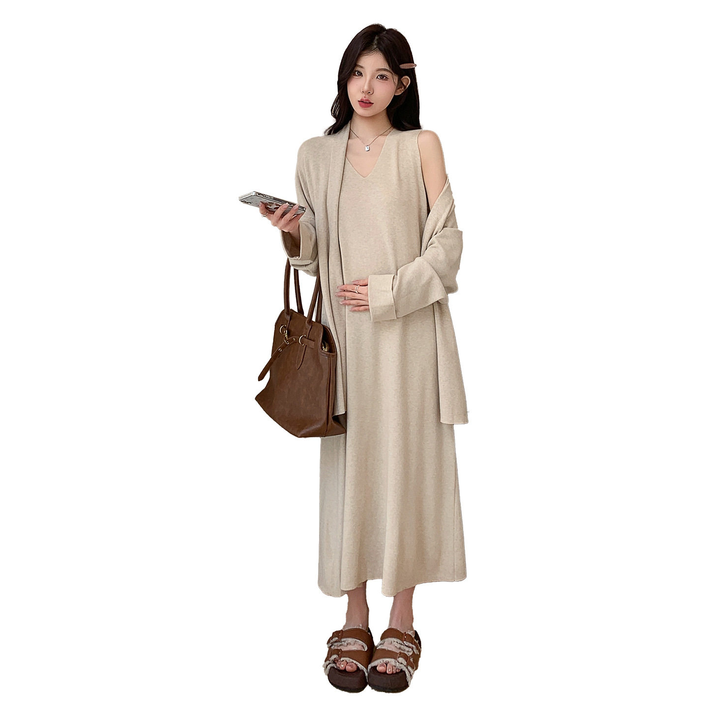 2026早春新款韩版长袖针织披肩宽松气质两件套孕妇打底连衣裙套装,淘宝优惠券,粉丝福利购,淘宝优惠卷