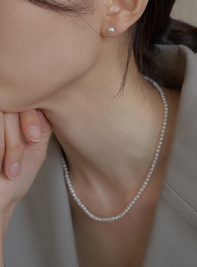 盖娅琳 天然淡水珍珠强光近圆珍珠项链S925银锁骨链女小珍珠颈链