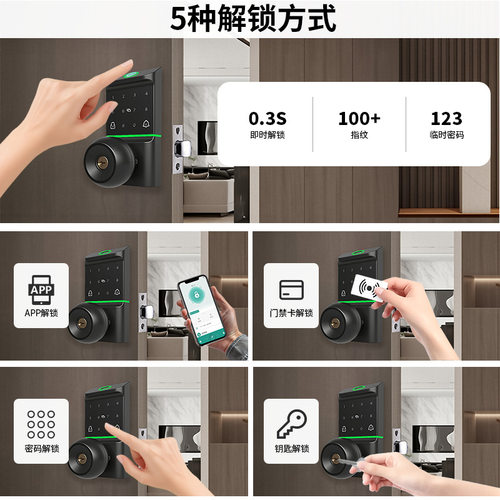 球形智能锁指纹密码刷卡锁香港公屋木门锁涂鸦wifi远程开锁无损装 - 图0
